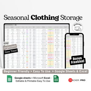 Seasonal Clothing Storage Checklist Google Excel, Wardrobe Rotation Tracker, Closet Organizer Template, Clothing Inventory Google Sheets