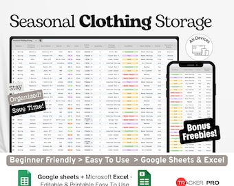 Seasonal Clothing Storage Checklist Google Excel, Wardrobe Rotation Tracker, Closet Organizer Template, Clothing Inventory Google Sheets