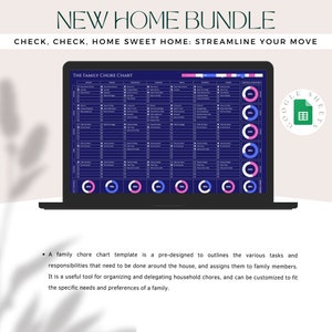 May include: A laptop screen displaying a blue and white family chore chart template in Google Sheets. The chart is divided into columns for different tasks and responsibilities, with rows for each day of the week. The chart includes a section for assigning tasks to family members and tracking their progress.