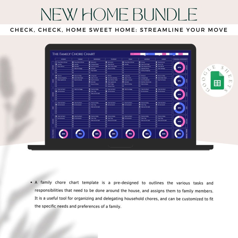 May include: A laptop screen displaying a blue and white family chore chart template in Google Sheets. The chart is divided into columns for different tasks and responsibilities, with rows for each day of the week. The chart includes a section for assigning tasks to family members and tracking their progress.