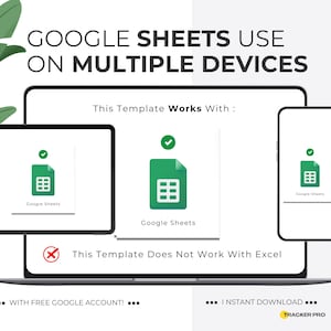May include: A digital graphic promoting Google Sheets use on multiple devices. The image shows a laptop, tablet, and phone displaying the Google Sheets icon. Text reads "GOOGLE SHEETS USE ON MULTIPLE DEVICES" and "This Template Works With: Google Sheets."