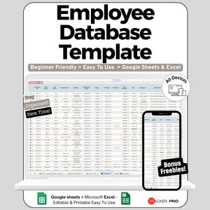 Könnte beinhalten: Eine Mitarbeiterdatenbank-Vorlage für Google Sheets und Excel. Die Grafik zeigt eine Tabellenkalkulation auf einem Laptop- und Smartphone-Bildschirm mit Textüberlagerungen wie Beginner Friendly, Easy To Use, Stay Organized, Save Time und Bonus Freebies.