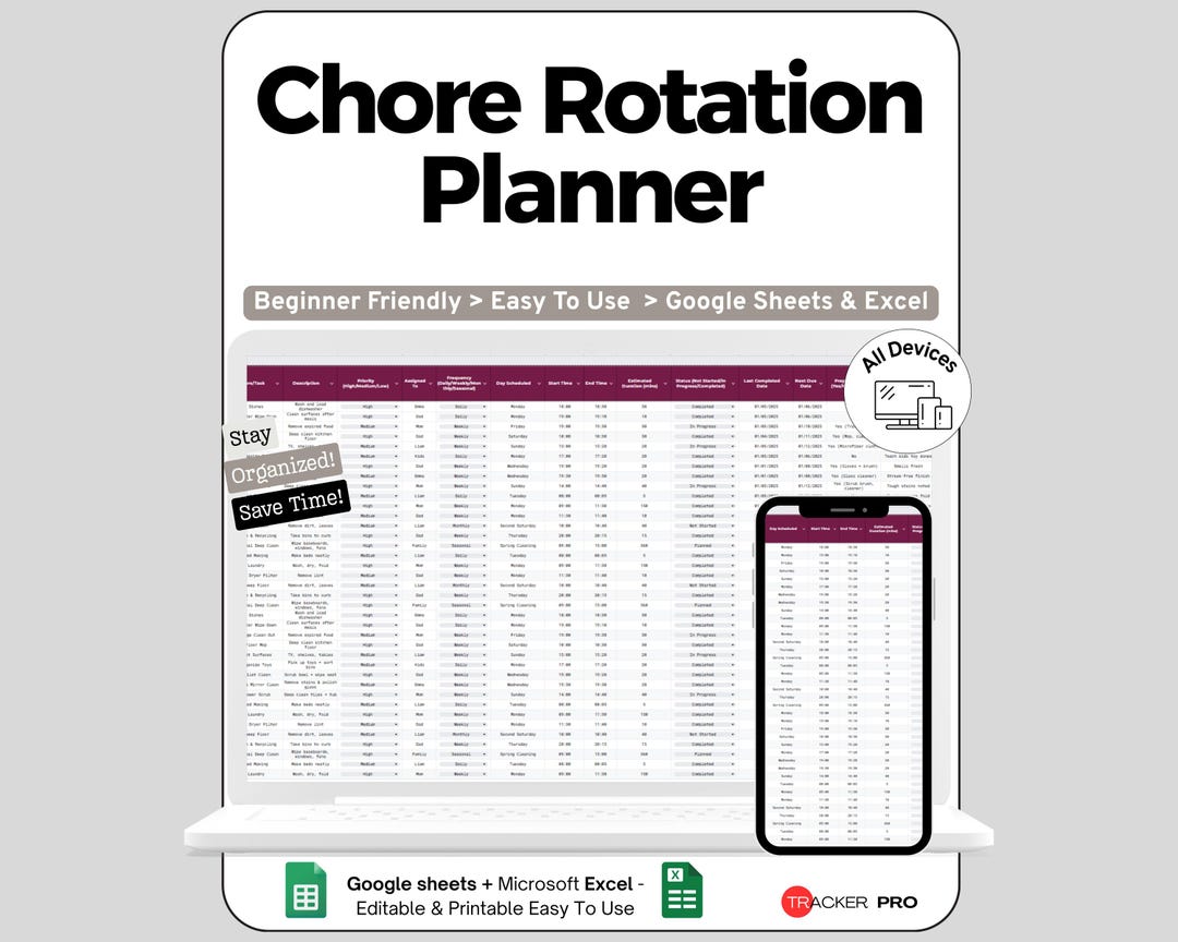 Household Cleaning and Chore Rotation Planner Google Sheets, Track ...