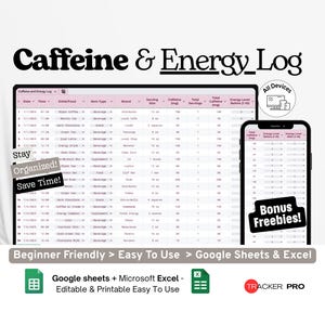 Caffeine and Energy Log Google Excel, Daily Caffeine Intake Tracker, Alertness Journal, Energy Boost Log Template Google Sheets image 1