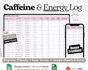 Caffeine and Energy Log Google Excel, Daily Caffeine Intake Tracker, Alertness Journal, Energy Boost Log Template Google Sheets