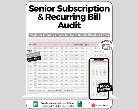 Senior Subscription Audit Spreadsheet for Google Sheets and Excel Recurring Bill Expense Cleanup Planner