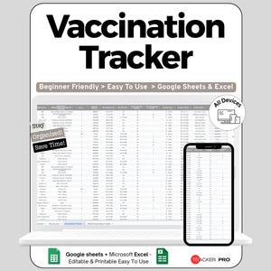 Puede incluir: Un rastreador de vacunación digital que se muestra en una computadora portátil y un teléfono inteligente. El texto "Vaccination Tracker" está en la parte superior. La imagen incluye las frases "Beginner Friendly", "Easy To Use" y "Google Sheets & Excel".