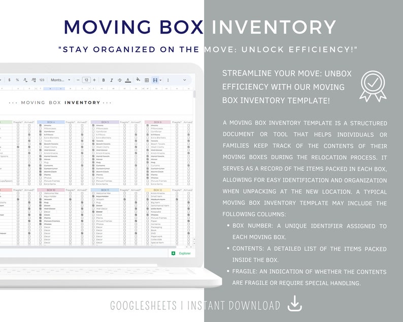 Moving Box Inventory Template, Moving Planner, Moving Box Checklist, Storage Inventory, Moving