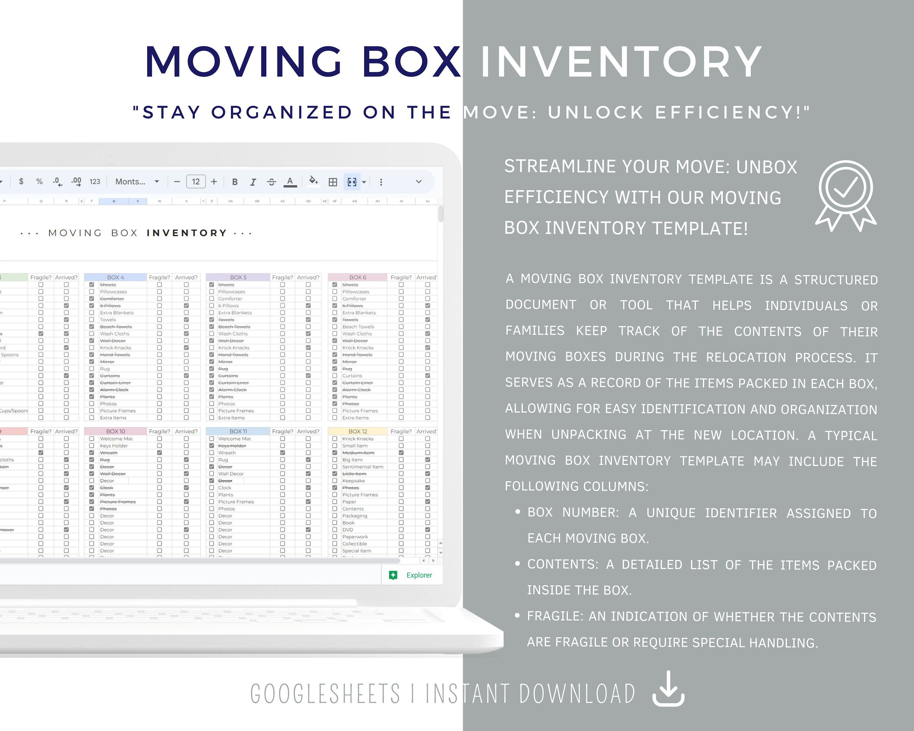 Moving Box Inventory Template, Moving Planner, Moving Box Checklist