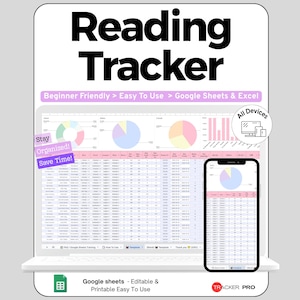 Peut inclure: Un modèle de suivi de lecture numérique pour Google Sheets et Excel affiché sur un écran d'ordinateur portable et de smartphone. L'interface présente des graphiques circulaires, des histogrammes et des tableaux de données avec des en-têtes roses. Le texte inclut Reading Tracker, Beginner Friendly, Easy To Use, Google Sheets & Excel, Stay Organized, Save Time, All Devices et Tracker Pro.