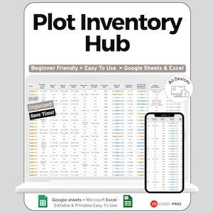 May include: A digital inventory management tool, displayed on a laptop and smartphone. The screen shows a spreadsheet with data. Text includes "Plot Inventory Hub", "Beginner Friendly", "Easy To Use", and "Google Sheets & Excel". The image also says "Stay Organized! Save Time!"