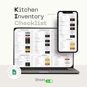 May include: A Google Sheets spreadsheet on a laptop screen with a checklist for kitchen inventory. The spreadsheet is divided into categories: Pantry Staples, Refrigerated Items, Cleaning Supplies, Cookware, and Appliances. Each category has columns for item name, quantity, condition, and notes.