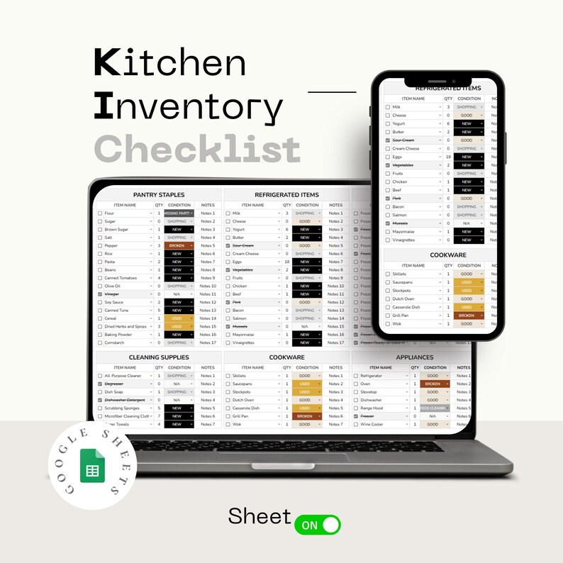 May include: A Google Sheets spreadsheet on a laptop screen with a checklist for kitchen inventory. The spreadsheet is divided into categories: Pantry Staples, Refrigerated Items, Cleaning Supplies, Cookware, and Appliances. Each category has columns for item name, quantity, condition, and notes.