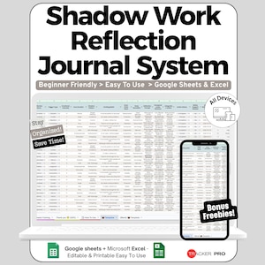 Peut inclure: Un système numérique de journal de réflexion Shadow Work affiché sur un écran d'ordinateur portable et de smartphone. L'interface présente des colonnes pour suivre les déclencheurs, les émotions et les réflexions, compatible avec Google Sheets et Excel.