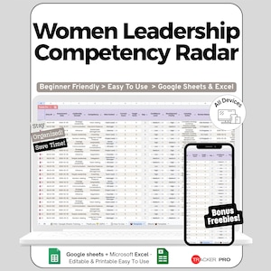 Peut inclure: Un tableur numérique intitulé "Women Leadership Competency Radar" affiché sur un ordinateur portable et un smartphone. La feuille de calcul est conçue pour Google Sheets et Excel, avec le texte "Beginner Friendly > Easy To Use". L'image comprend également le texte "Stay Organized! Save Time!"
