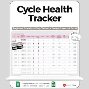 Puede incluir: Una pantalla de portátil que muestra un rastreador digital de salud del ciclo. El rastreador es una hoja de cálculo con columnas para varias métricas de salud. El texto en la pantalla incluye "Cycle Health Tracker", "Beginner Friendly" y "Easy To Use". La imagen también incluye el texto "Stay Organized! Save Time!"