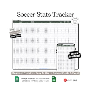 Soccer Football Match Stats Excel Google Sheets , Track Scores, Goals, Assists, Player Stats, Team Results, Game Analytics, Sports Planner