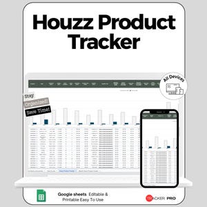 Puede incluir: Un portátil y un smartphone muestran una hoja de cálculo titulada "Houzz Product Tracker". La imagen incluye el texto "Stay Organized! Save Time!" y "All Devices". El producto es "Google sheets Editable & Printable Easy To Use."