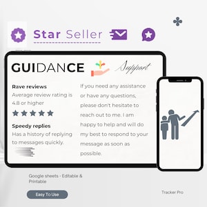 May include: A digital graphic with the words "Star Seller" and "Guidance" displayed on a tablet and a smartphone. The tablet shows information about rave reviews and speedy replies. The smartphone displays a graphic of a person and a child.