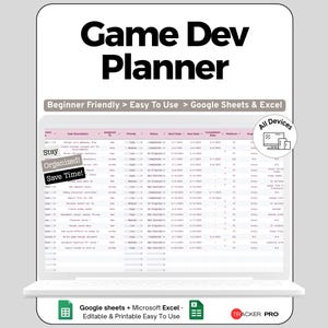 Tabellenkalkulation zur Spielentwicklungsplanung, Projekt-Tracker für Indie-Spieledesign, Excel- und Google-Sheets-Tool, Workflow-Hub für Entwickler