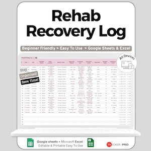 Può includere: Un registro digitale di recupero riabilitativo visualizzato sullo schermo di un laptop. Il registro è progettato per la fisioterapia ed è compatibile con Google Sheets ed Excel. Il testo include "Facile da usare" e "Tutti i dispositivi".