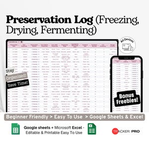 Preservation Log Google Excel, Freezing Drying Fermenting Tracker, Food Storage Log Sheet, Homestead Pantry Planner Google Sheets
