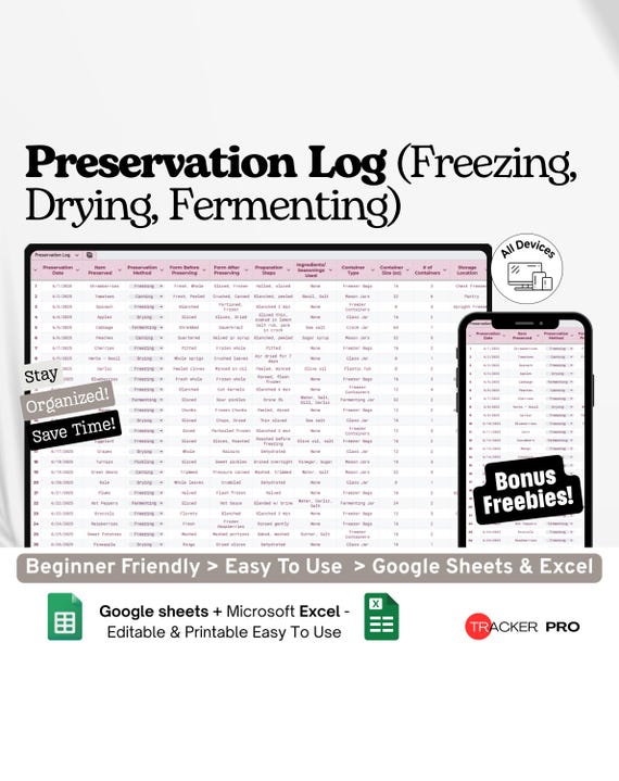 Preservation Log Google Excel, Freezing Drying Fermenting Tracker, Food Storage Log Sheet, Homestead Pantry Planner Google Sheets