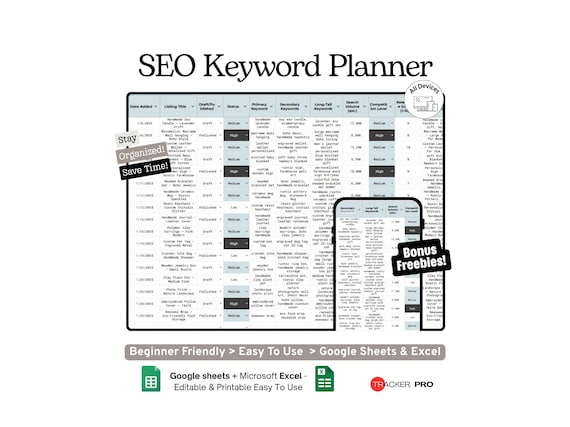 Listing and SEO Keyword Planner Google Sheets Template, Etsy SEO, Product Keywords and Shop Optimization Tracker, Excel