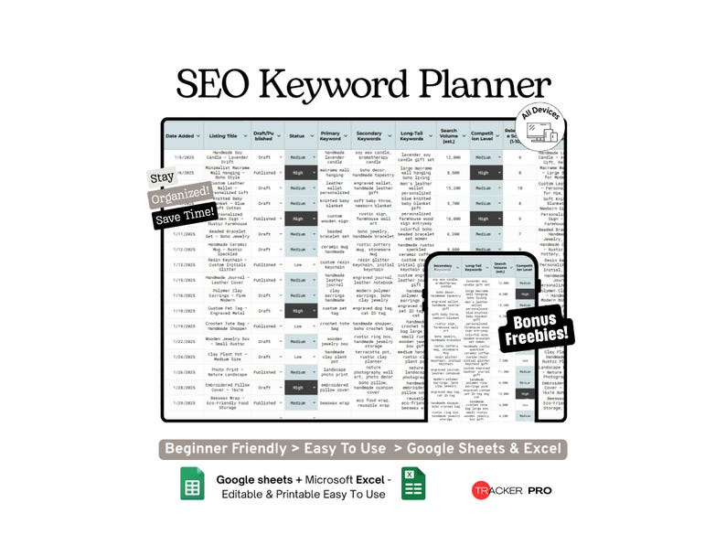 Listing and SEO Keyword Planner Google Sheets Template, Etsy SEO, Product Keywords and Shop Optimization Tracker, Excel image 1