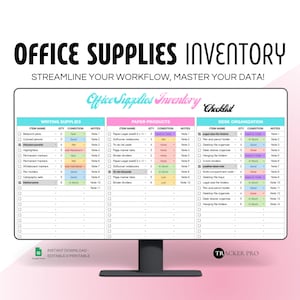 May include: A digital office supplies inventory checklist displayed on a computer monitor. The screen shows a spreadsheet with sections for writing supplies, paper products, and desk organization. Text on the screen reads "Office Supplies Inventory" and "Streamline your workflow, master your data!"