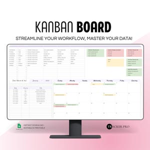 Op de afbeelding: Een computerscherm dat een Kanban-bord sjabloon weergeeft met een kalender en taaklijsten. De sjabloon is ontworpen om gebruikers te helpen hun workflow te stroomlijnen en hun gegevens te beheren. De sjabloon is gelabeld "Kanban Board" en "Streamline Your Workflow, Master Your Data!" De sjabloon is ontworpen voor gebruik met Google Sheets.