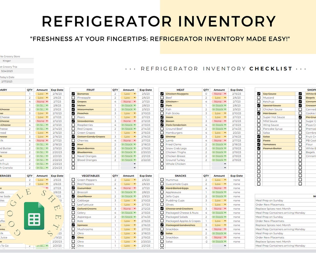 Refrigerator Inventory Template, Refrigerator Checklist, Refrigerator