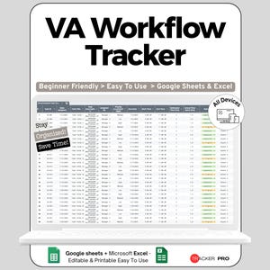 Peut inclure: Un suivi numérique de flux de travail VA affiché sur un écran d'ordinateur portable. Le suivi est conçu pour Google Sheets et Excel, et est facile à utiliser pour les débutants. Le texte comprend "Restez organisé ! Gagnez du temps !" et "Tous les appareils."