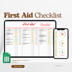 Botiquín de primeros auxilios, lista de verificación de primeros auxilios, lista de verificación imprimible, kit de supervivencia, lista de suministros de primeros auxilios, kit de bricolaje, kit de emergencia, botiquín de primeros auxilios para el hogar (Excel)