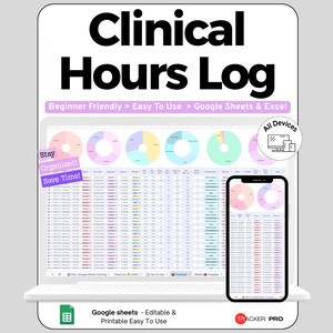 Peut inclure: Un modèle numérique de journal des heures cliniques pour Google Sheets et Excel affiché sur un écran d'ordinateur portable et de smartphone. L'interface présente des graphiques circulaires colorés, des tableaux de données et des étiquettes textuelles.