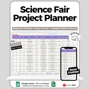 Kalkylblad för Science Fair Planner för Google Sheets och Excel, experimentspårning och milstolpsöversikt, redigerbar