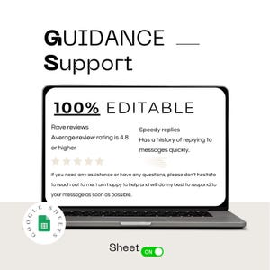 K&ouml;nnte beinhalten: Ein Laptop-Bildschirm zeigt eine Google Sheet mit dem Text "GUIDANCE - Support" und "100% EDITABLE". Das Blatt enth&auml;lt Informationen &uuml;ber begeisterte Bewertungen, schnelle Antworten und eine Nachricht, dass man sich bei Bedarf melden kann. Das Blatt ist mit "Sheet ON" beschriftet.