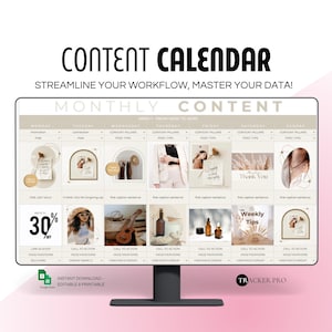 Puede incluir: Una plantilla de calendario de contenido mensual con un esquema de color rosa y beige. El calendario está dividido en siete días de la semana, con un pilar de contenido diferente para cada día. El calendario también incluye una sección para consejos semanales. El texto "TRACKER PRO" está en la esquina inferior derecha.
