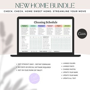 May include: A digital printable cleaning schedule for a new home. The schedule is divided into daily, weekly, monthly, quarterly, semi-annual, and annual tasks. The schedule is organized by day of the week and includes tasks for the kitchen, living room, bedrooms, bathrooms, and catch-up day. The schedule is made in Canva and is available for instant download. The text on the image says "New Home Bundle" and "Check, check, home sweet home: Streamline your move".