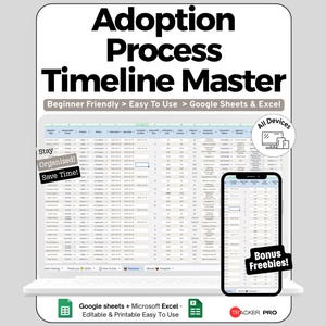 Puede incluir: Plantilla digital Adoption Process Timeline Master para Google Sheets y Excel. La pantalla muestra una hoja de cálculo con columnas para tareas, fechas y estado. Incluye las etiquetas: Beginner Friendly, Easy To Use, All Devices y Bonus Freebies.