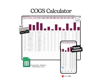 Etsy Cost of Goods Sold Calculator Google Sheets Template (COGS, Profit Margin and Shop Pricing Tracker Spreadsheet)