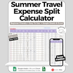 Peut inclure: Un calculateur de dépenses numériques pour les voyages d'été, affiché sur un ordinateur portable et un smartphone. Le texte indique "Summer Travel Expense Split Calculator" et comprend les phrases "Beginner Friendly" et "Easy To Use."