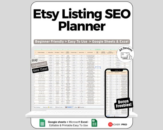 Etsy SEO Spreadsheet for Google Sheets and Excel Listing Keyword Tracker Title Optimization and Ranking Strategy Dashboard