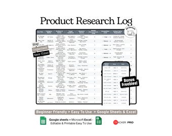 Product Idea and Research Log Google Sheets Template ,Business Ideas, Market Research and Product Development Tracker, Excel
