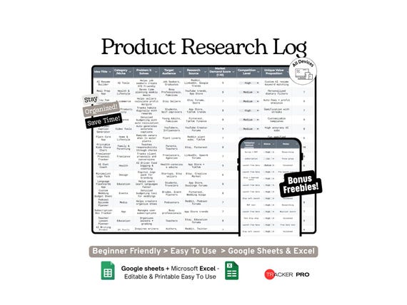 Product Idea and Research Log Google Sheets Template ,Business Ideas, Market Research and Product Development Tracker, Excel