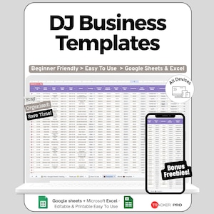 Peut inclure: Maquette numérique d'un ordinateur portable et d'un smartphone affichant une feuille de calcul. Le texte "DJ Business Templates" est en haut. Le texte supplémentaire comprend "Beginner Friendly > Easy To Use > Google Sheets & Excel" et "Bonus Freebies!"