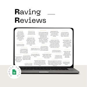 Puede incluir: Una pantalla de port&aacute;til muestra rese&ntilde;as de clientes con el t&iacute;tulo "Raving Reviews". Las rese&ntilde;as son sobre un producto de Google Sheets, con el logotipo de Google Sheets en la esquina inferior izquierda.