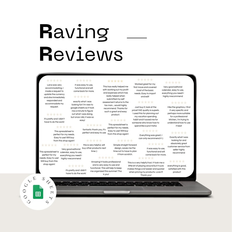 Puede incluir: Una pantalla de port&aacute;til muestra rese&ntilde;as de clientes con el t&iacute;tulo "Raving Reviews". Las rese&ntilde;as son sobre un producto de Google Sheets, con el logotipo de Google Sheets en la esquina inferior izquierda.