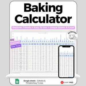 Puede incluir: Una hoja de cálculo digital Baking Calculator mostrada en la pantalla de un portátil y un smartphone. La interfaz presenta columnas para entrada de datos, gráficos de barras azules y etiquetas como Beginner Friendly, Easy To Use, Google Sheets & Excel.