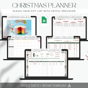 May include: A digital Christmas planner displayed on multiple laptop screens. The planner includes sections for recipes, itineraries, an advent calendar, a card tracker, and a gift budget. The text reads "CHRISTMAS PLANNER" and "SLEIGH YOUR GIFT LIST WITH JOYFUL PRECISION."